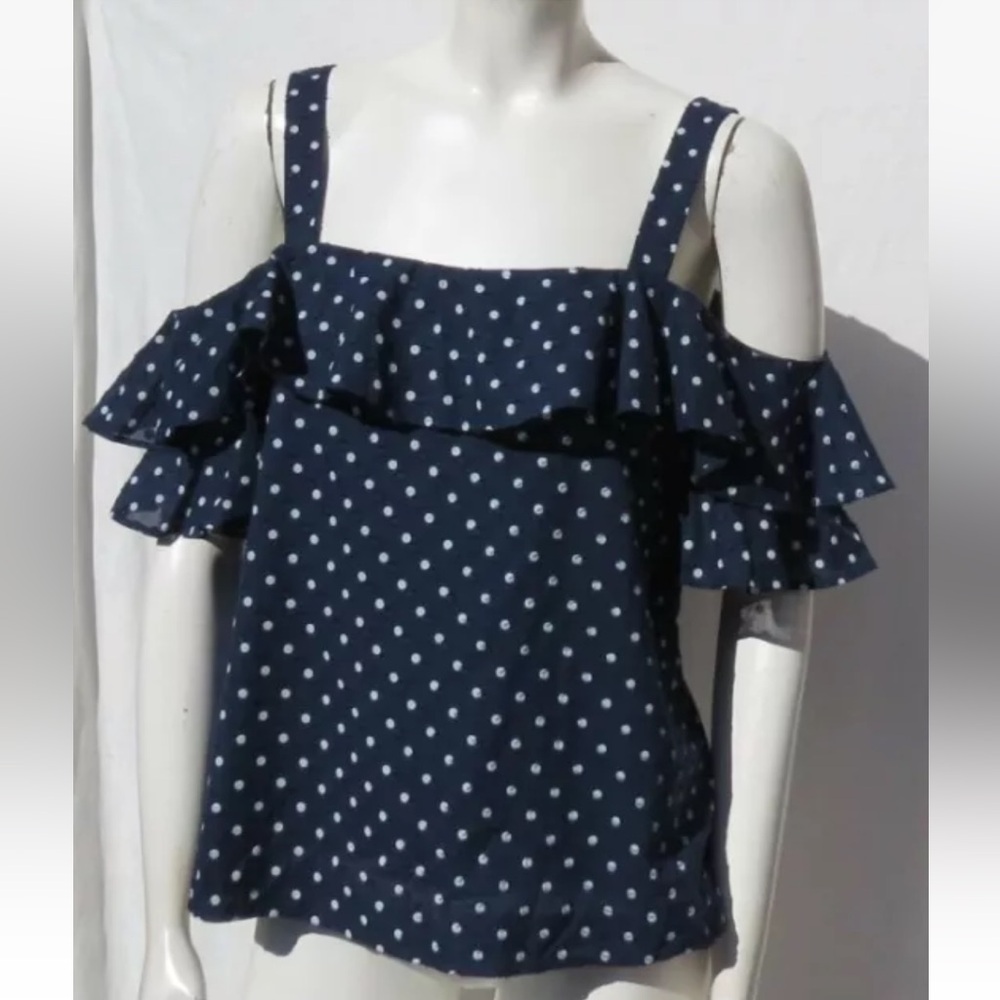 J CREW Navy Blue White Polka Dot Cold Shoulder Ruffle Shirt Blouse Top Size S